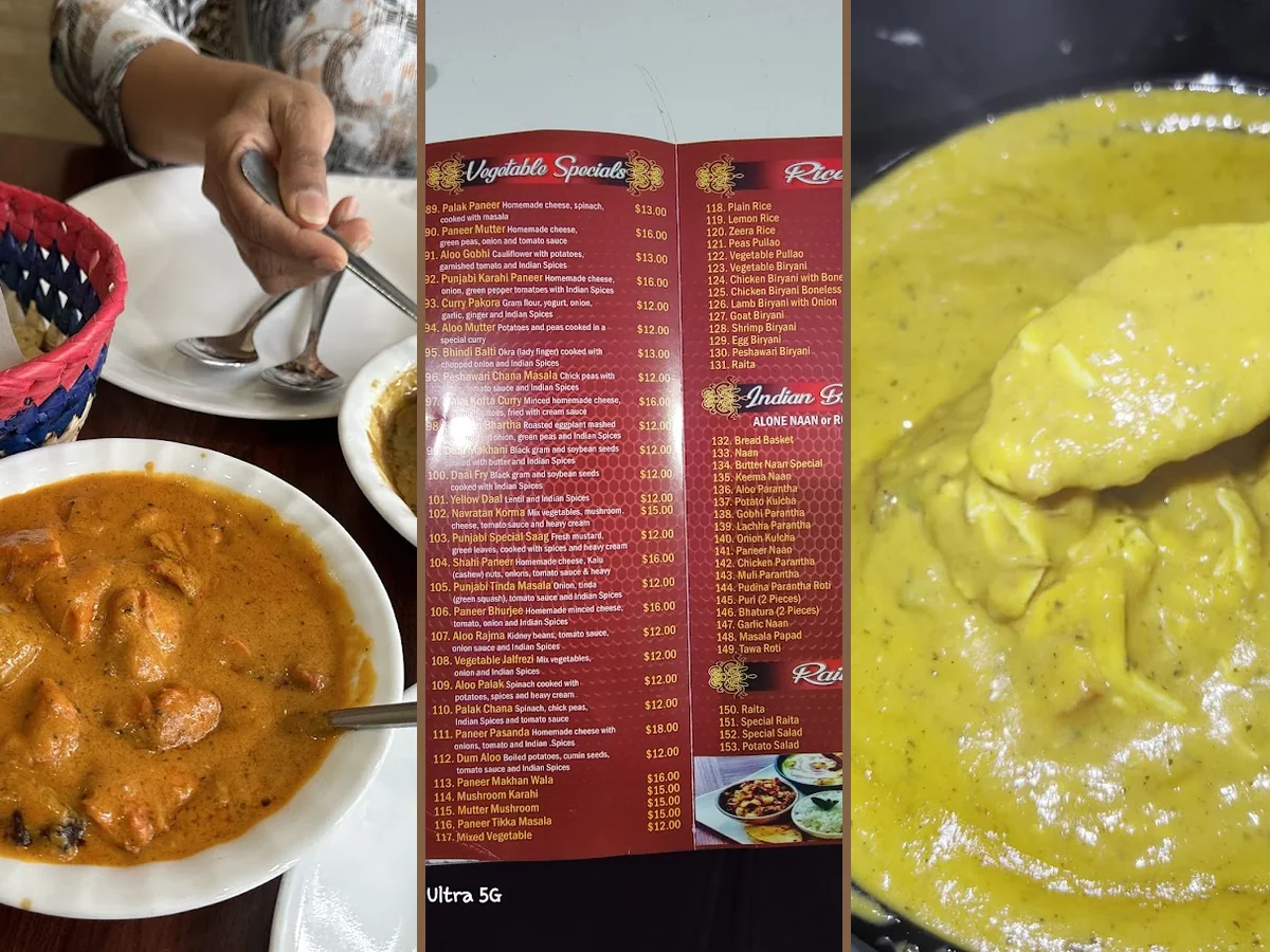 Colorful curries served with rice and warm bread.