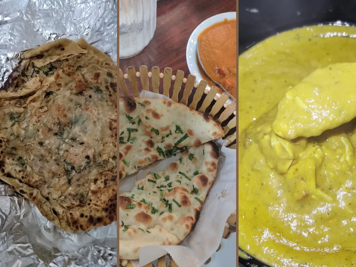 A spread of Punjabi dishes in a dining room.