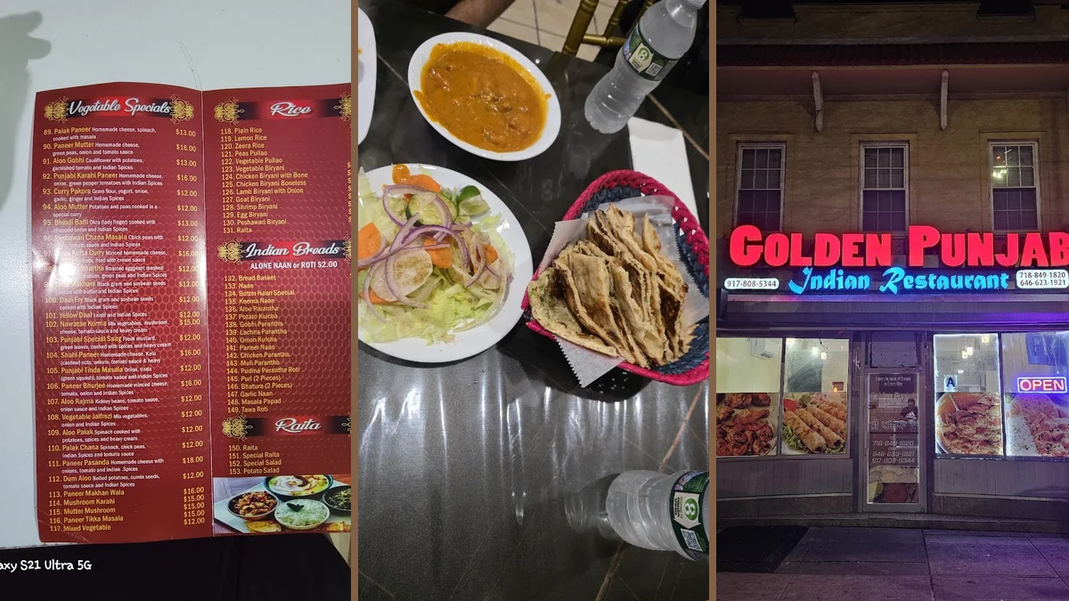 Indian dishes arranged on a casual restaurant table.