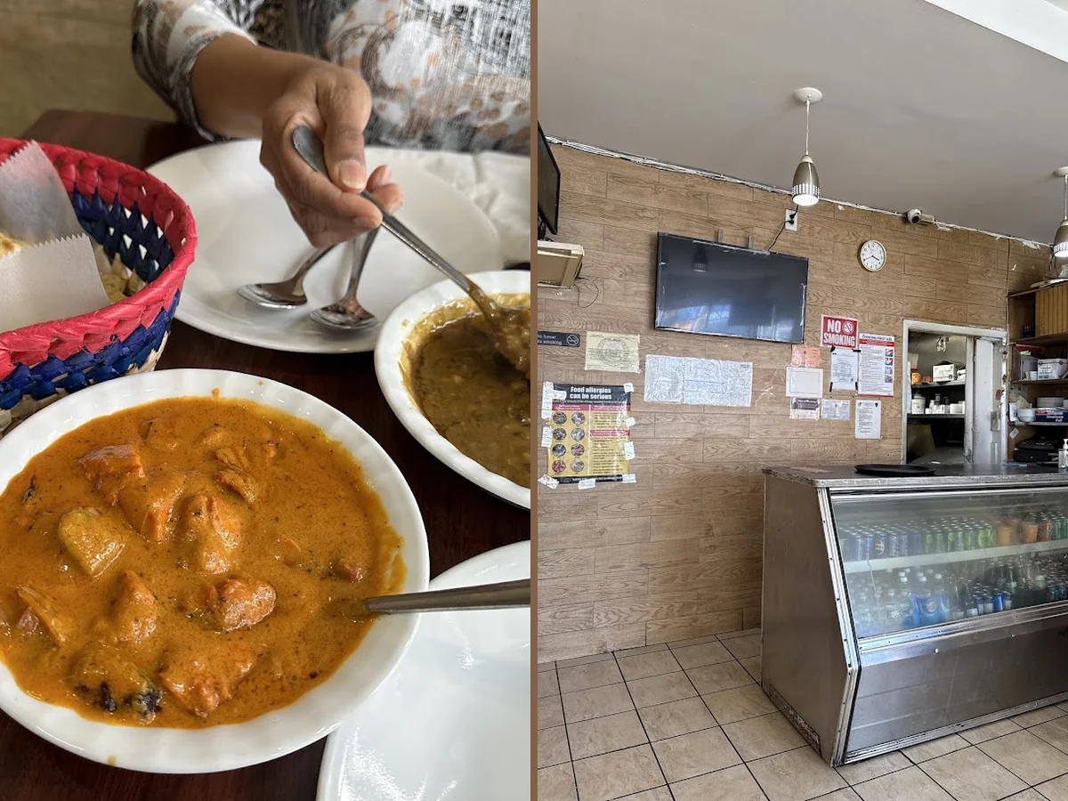 Colorful curries served with rice and warm bread.